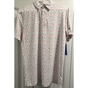 Birdie Bound Mens Small Performance Golf Polo White Beach Surf Print Shirt NEW